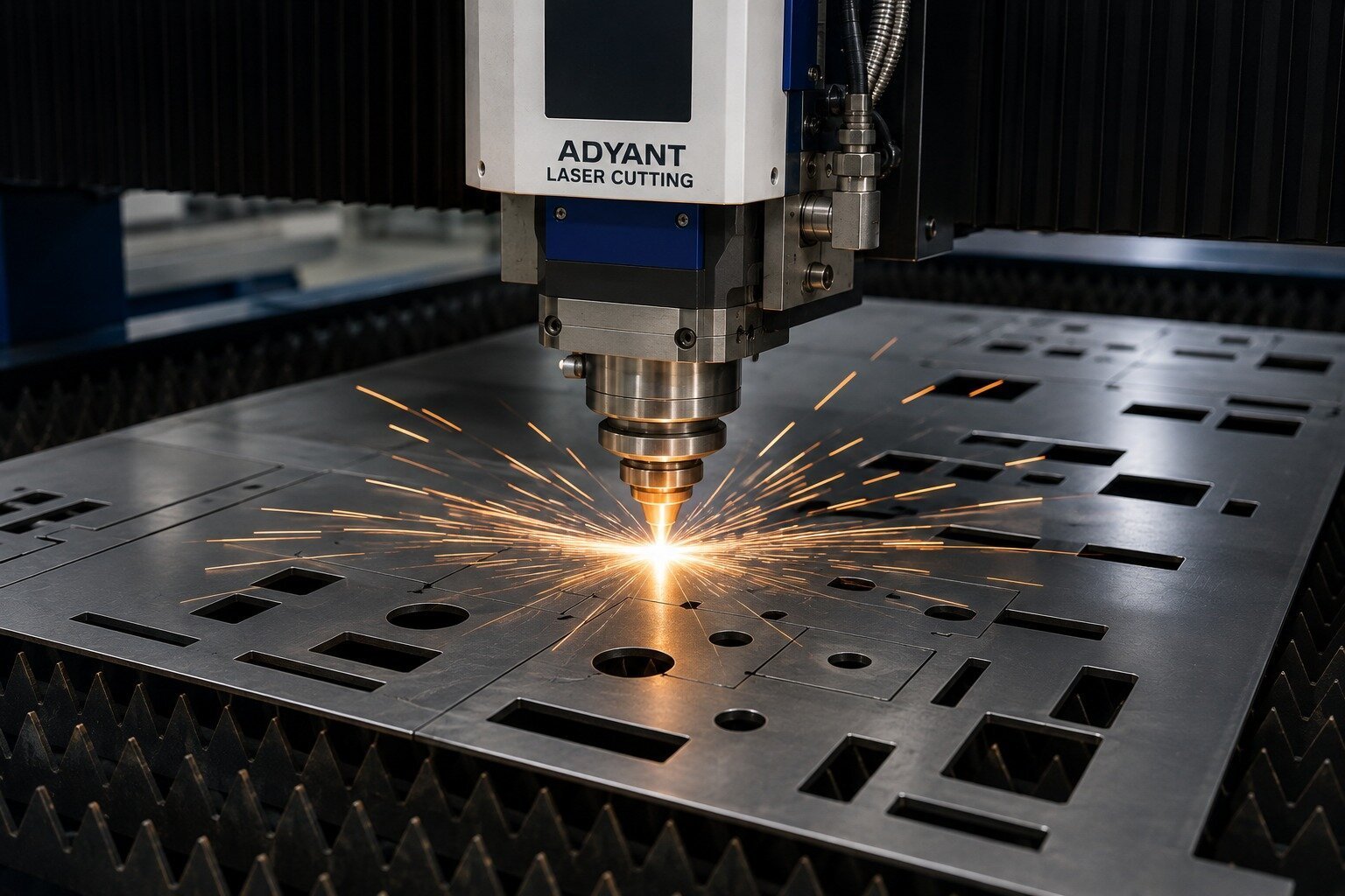 Precision fiber laser cutting machine cutting steel plate with bright sparks